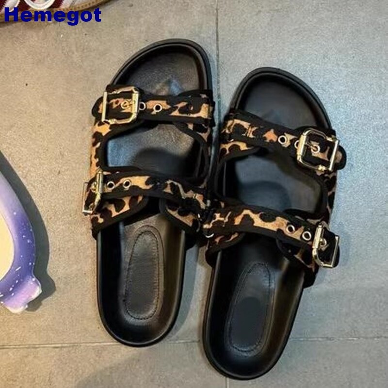 Pantoufles décontractées à imprimé léopard noir pour femmes, sandales à l'offre elles optiques, ceinture en métal, glissières de plage extérieures polyvalentes, mode estivale