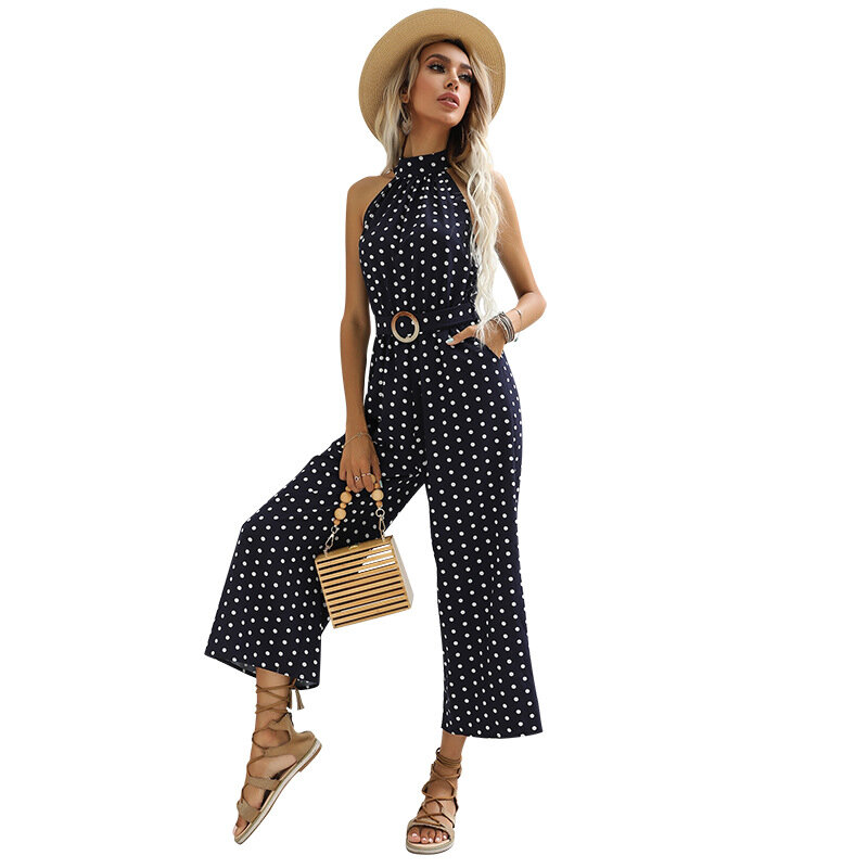 Qybian Jumpsuit Women Sexy Casual Sleeveles Shalter Polka Dot Print Straight Pants Rompers with Belt Clubwear for Party Night