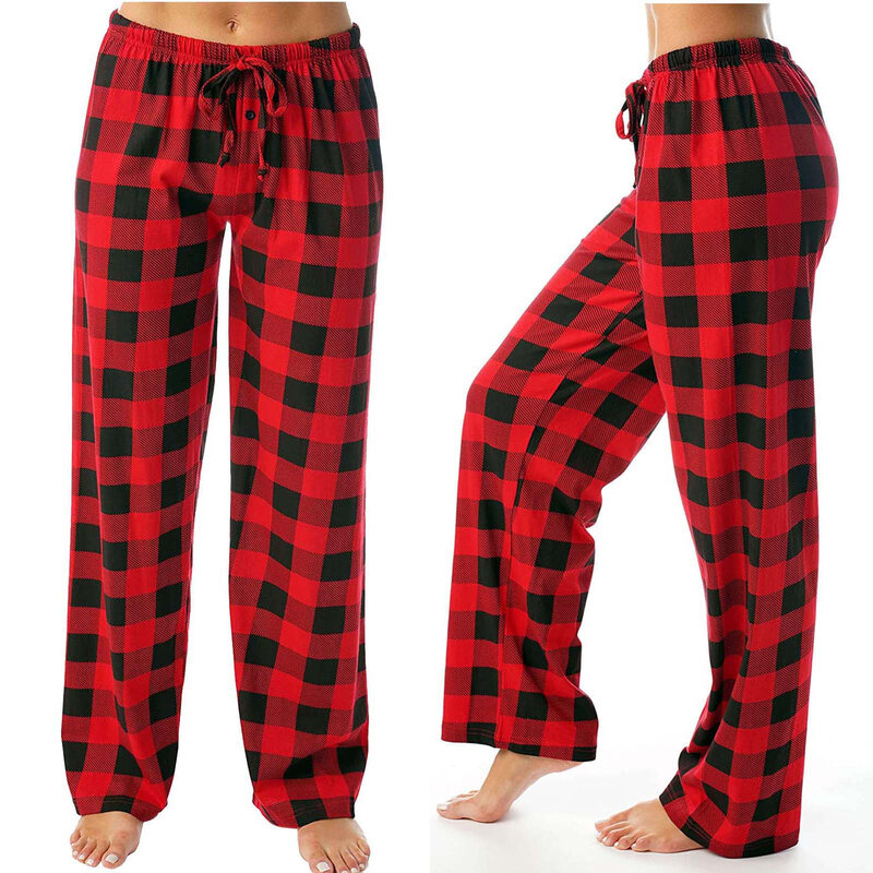 Pijama xadrez de cintura alta feminino, roupa de dormir elástica, roupa caseira confortável, vermelha, preta, calça comprida, sexy para casa, feminina, 2022