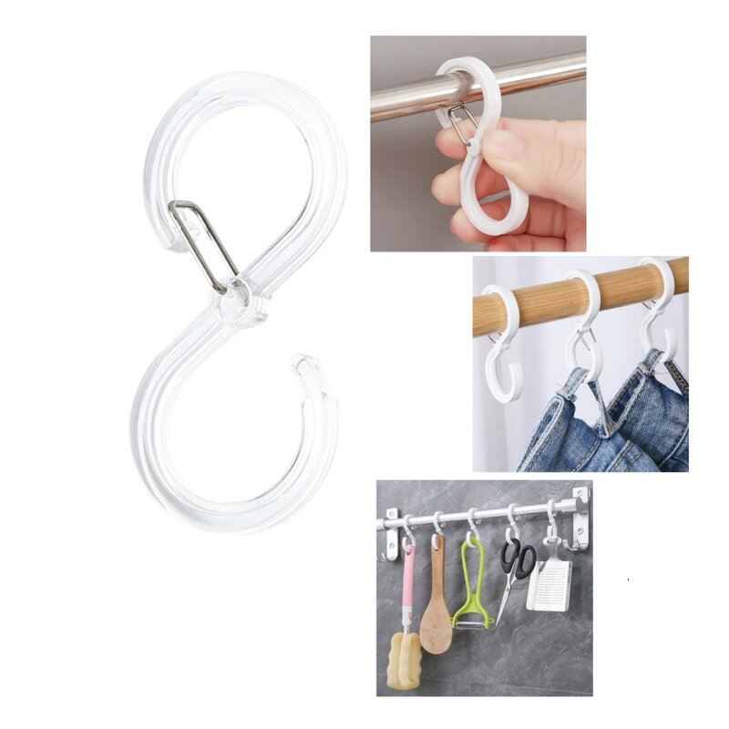 S-Shape Plastic Hook Clip com fivela, fecho de suspensão, cozinha Pot Rack, sacos de quarto, roupas, toalhas, armário Rod Hanger, ganchos com fivela, 8 pcs