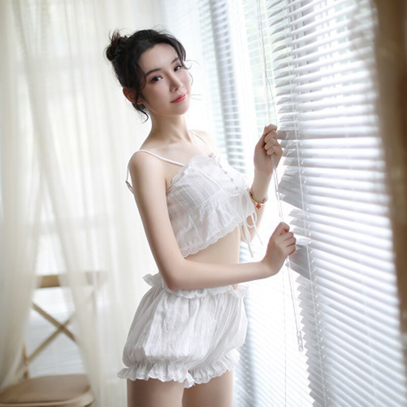 White Sling Shorts Sleepwear Pajamas Set Women Sexy Lace Sleeveless Top and Shorts Night Suit Home Wear