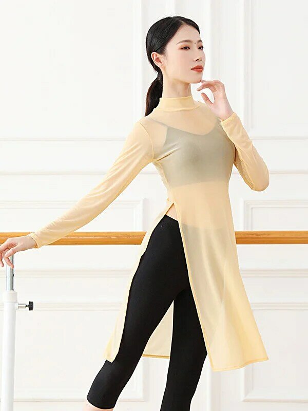 Vestido de malla de Cuerpo de Entrenamiento de baile clásico para mujer, servicio de entrenamiento de rima corporal de manga larga para Yoga, vestido clásico de malla elástica