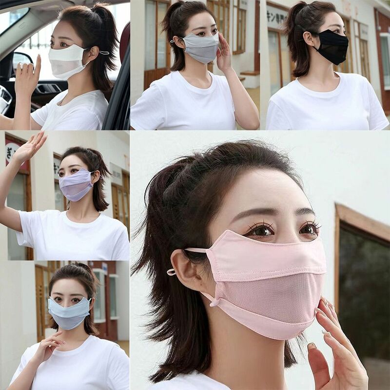 Máscara Facial Multicolor Resistente a UV, Seda de Gelo Fina, Malha Protetor Solar, Gaze Ajustável, Lenço Facial, Protetor Solar, Moda