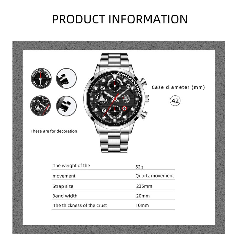 Mens Sports Watches Luxury Silver Stainless Steel Quartz Wristwatch Calendar Date Fashion Male Business Casual Bracelet Watch