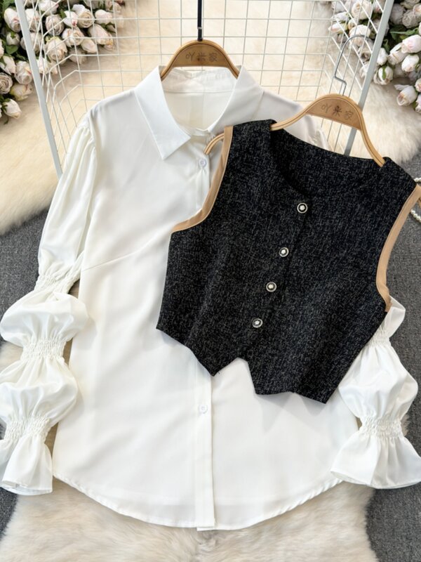 VANOVICH 여성 긴팔 라펠 셔츠, 싱글 브레스트, O넥 조끼 2 종 세트, 한국 스타일 패션, 용수철 가을 신상