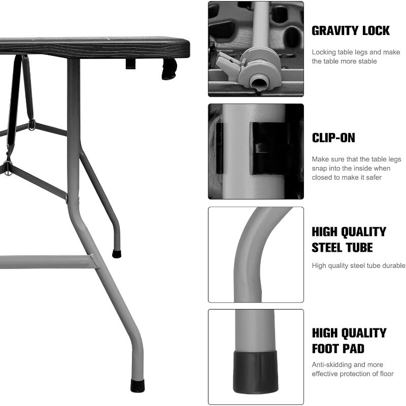 โต๊ะพับได้แบบพกพา6FT พับเก็บได้สูง6ฟุตพับได้พับได้ใช้งานได้ทั้งในร่มและกลางแจ้งโต๊ะทานอาหาร