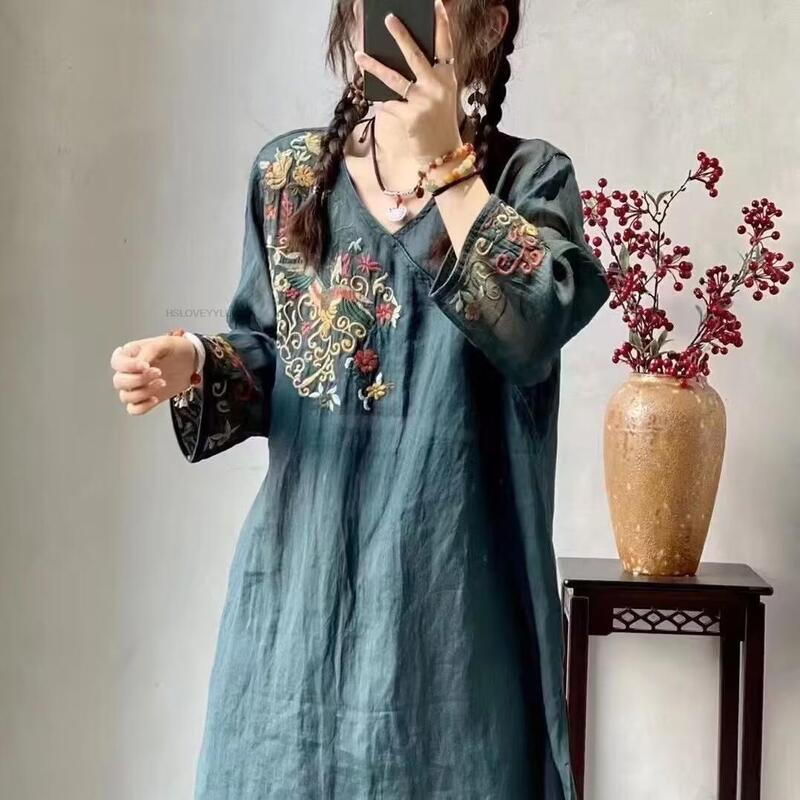 Китайское улучшенное платье Чонсам с вышивкой в этническом стиле, хлопковое винтажное платье средней длины из конопли, для лета