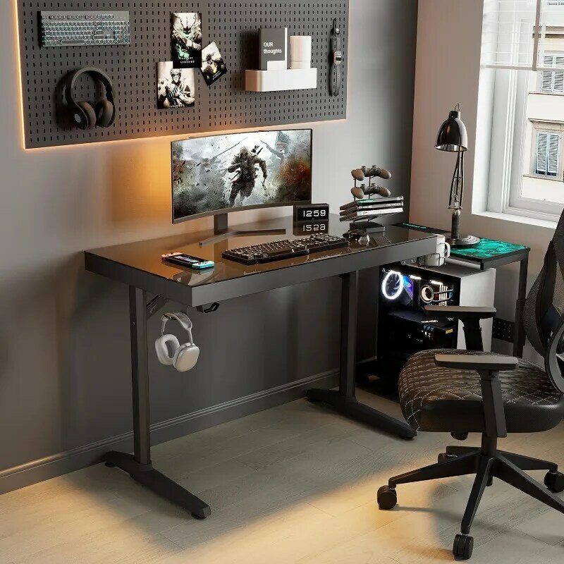EUREKA ergonomiczne biurko do gier LED RGB, synchronizacja muzyki podświetla pulpit ze szkła hartowanego, 43 "GTG I43 domowe biurka biurowe