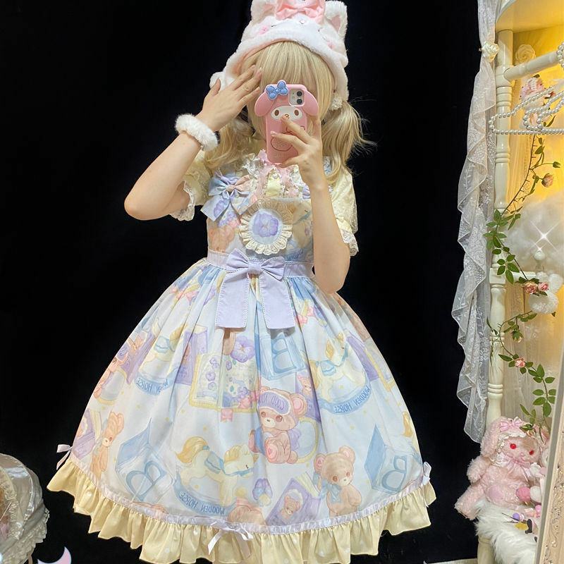 Vestido estampado bonito de urso Lolita feminino, vestidos japoneses JSK, macio, azul, plissado, laço, festa do chá, doce, meninas