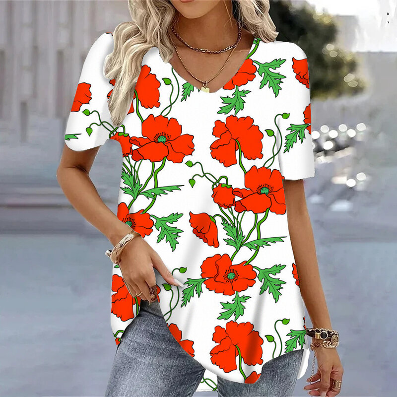 Vintage Rose Printed TShirt Streetwear Women Tops Harajuku Tees Female Clothes Floral Pattern V Neck T-shirt Summer Blouse 2024