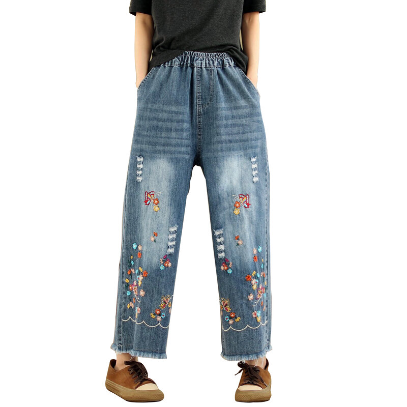 Aricaca Flower Embroidery Fashion Denim Harem Pants Women Loose High Waist Wide Leg Trousers