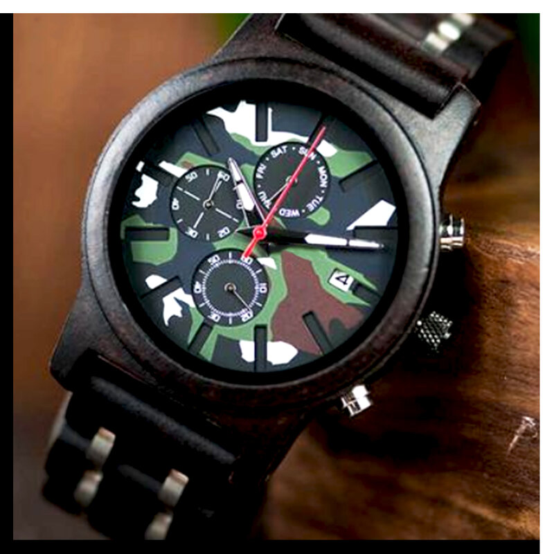 Heren Mode Camouflage Houten Display Kalender Multifunctioneel Geïmporteerd Quartz Chronograaf Krasbestendig Glas Cadeau Horloge