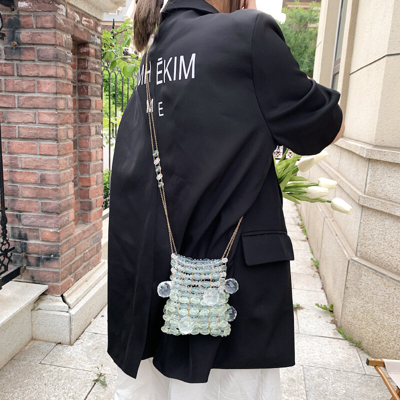 Monedero de lujo con cuentas de cristal para mujer, Mini bolso cruzado a la moda, bolsa transparente con cuentas de lápiz labial, 2022