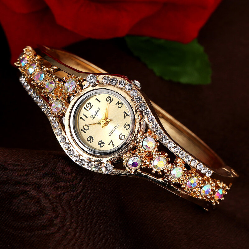 Relojes de lujo para mujer, pulsera de aleación de acero, con incrustaciones de diamantes de colores, de cuarzo, a la moda, novedad