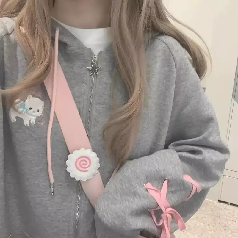 Houzhou Kawaii süße Harajuku Hoodie Frauen japanische Mode süße Katze Stickerei Reiß verschluss Riemen Kapuze Sweatshirt Soft Gril