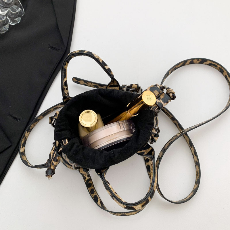 Khaki Brown Mini Crossbody Bag Women Designer Animal Print Leopard Leather Shoulder Bag Drawstring Handbag Sling Phone Purse