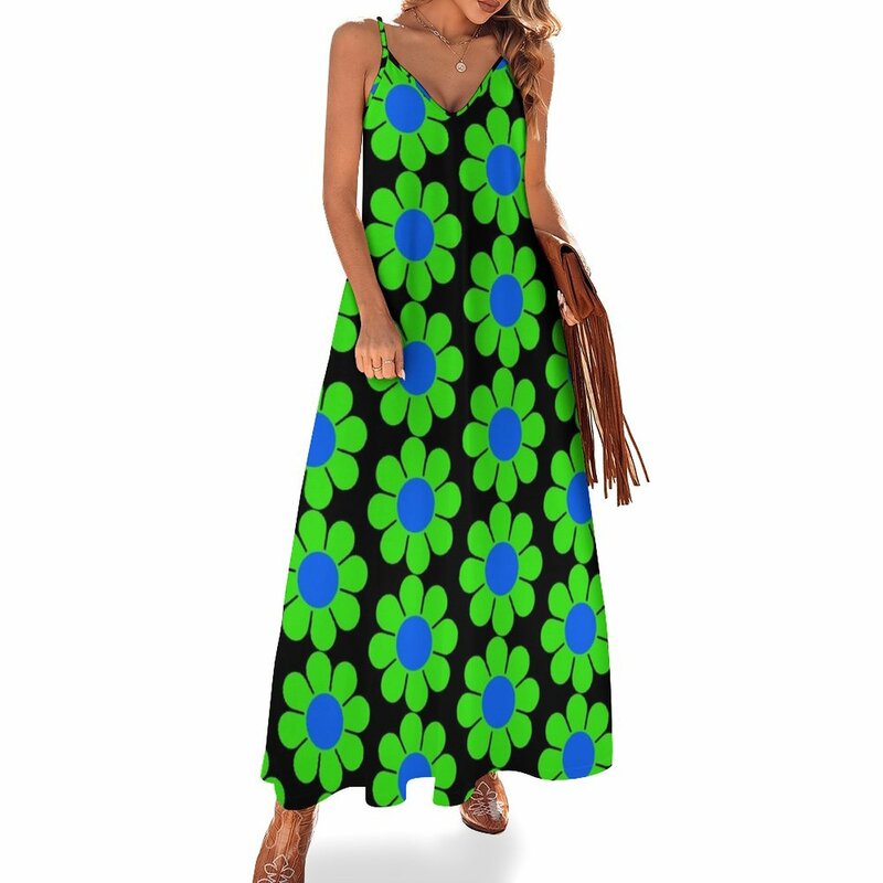 Gaun tanpa lengan bunga aster Hippy biru hijau gaun wanita untuk wanita 2023 gaun upacara