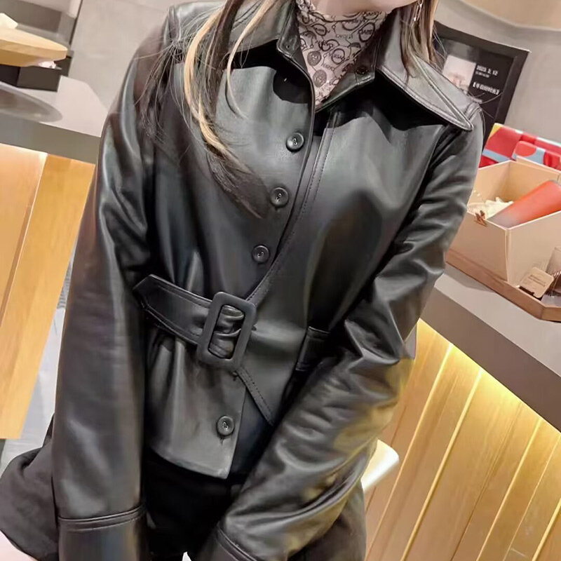 Giacca da donna in vera pelle moda Streetwear cappotto in pelle di pecora con cintura primavera autunno abbigliamento femminile FG5447