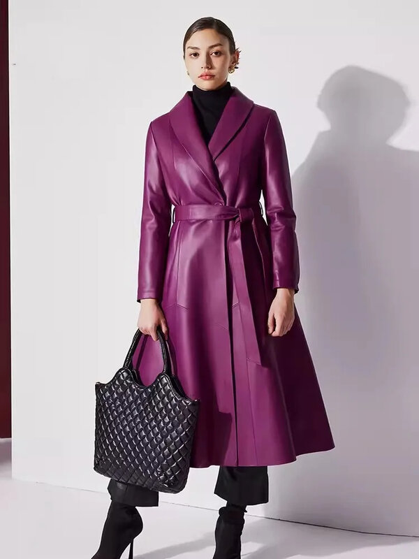 Elegant Women Winter Luxury Real Fox Fur Collar Sheepskin Long Trench Coat Warm Belt Slim Fit Genuine Leather Goose Down Jacket