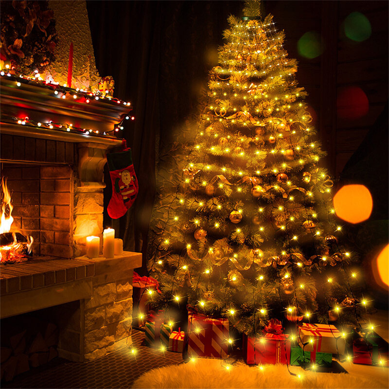 Luz de cascada para árbol de Navidad, iluminación de vacaciones, decoraciones navideñas, impermeable, 400LED, 8 modos