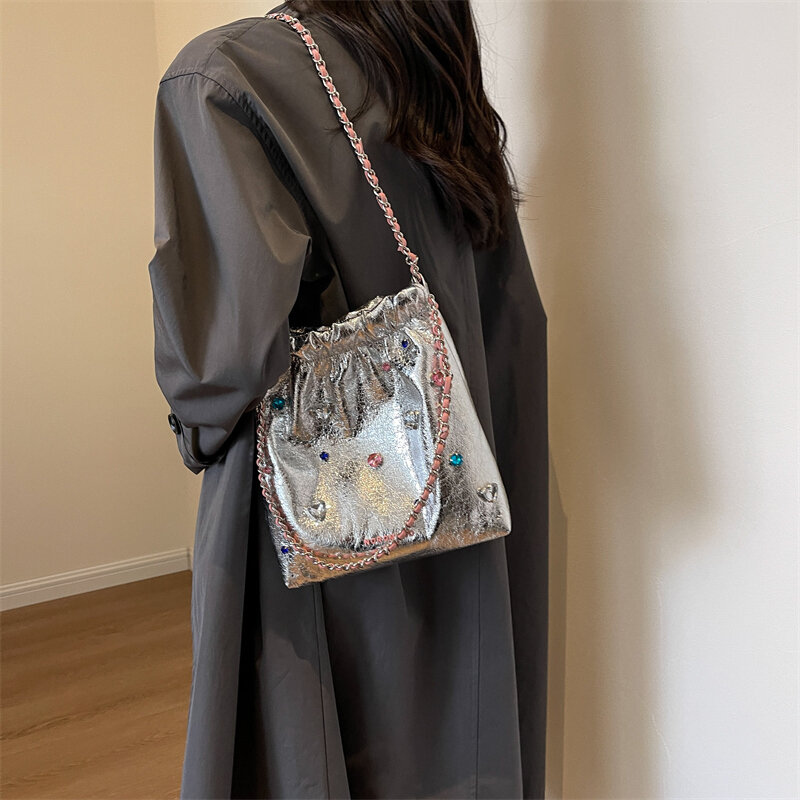LEFTSIDE Diamonds Design Silver Leather Crossbody Bags for Women 2023 Luxury Designer Korean Fashion Chain Shoulder Bag Handbags