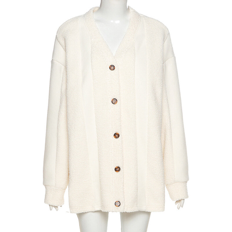 Manteau en peluche monochrome pour femmes, cardigan simple pour dames de bureau, manteau à boutonnage décontracté, streetwear d'automne, 2024