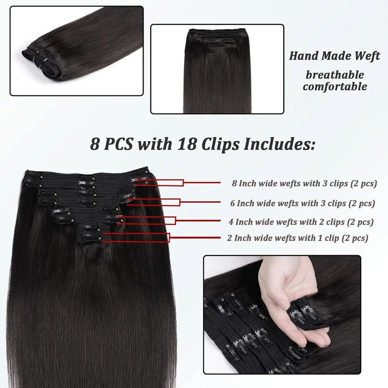 Straight Clip in Hair Extensions 8pcs Per Set with 18Clips Double Weft Brazilian Virgin Human Hair