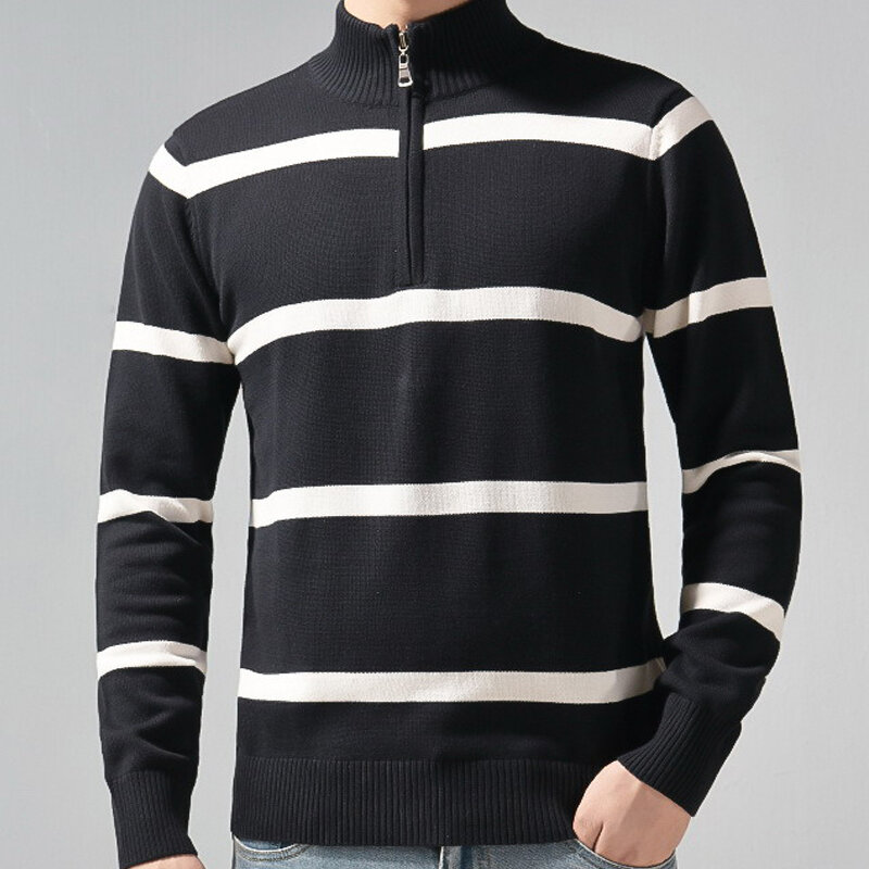 Men's Sweater 100% Cotton Half Zipper Turtleneck Warm Pullover Quality Male Slim Knitted Sweaters For Spring 8502