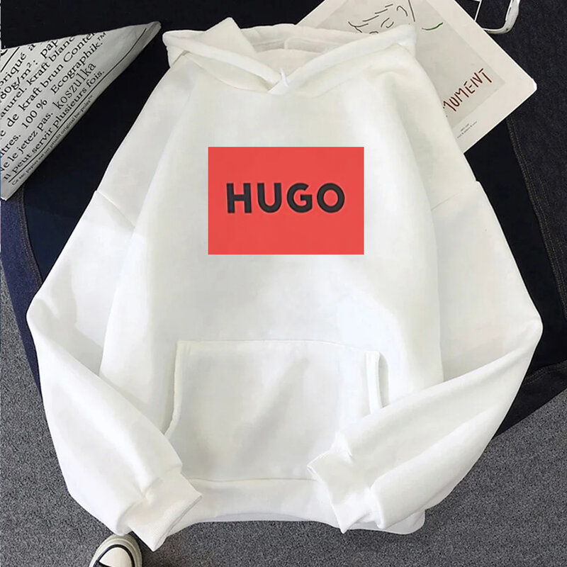 HUGO Sweater Pria Hoodie Korea lengan panjang Logo persegi besar Fashion Hoodie sambungan cocok
