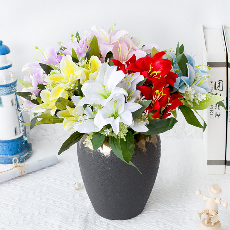 1 букет из 7 цветков лилии, искусственный цветок, шелковая Лилия, искусственный цветок, искусственный цветок, украшение для свадьбы, букет невесты