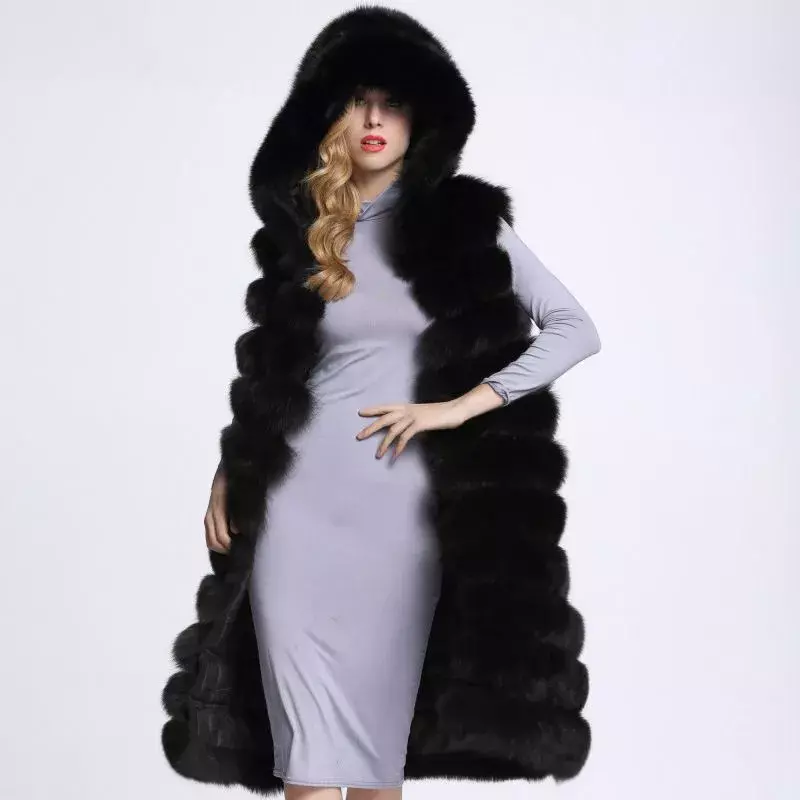 女性用フード付きフェイクファーコート,ノースリーブジャケット,ふわふわ,長くて厚くて暖かいアウターウェア,冬,2023