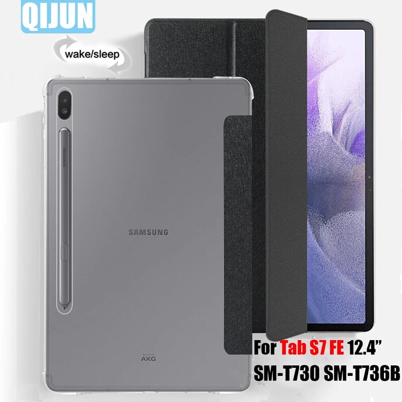 Untuk Samsung Galaxy Tab S7 FE 12.4 2021 Casing Tablet Smart Wake Cover Funda Casing Stand Lengan Lipat Tiga Kulit Flip SM-T730 T736B