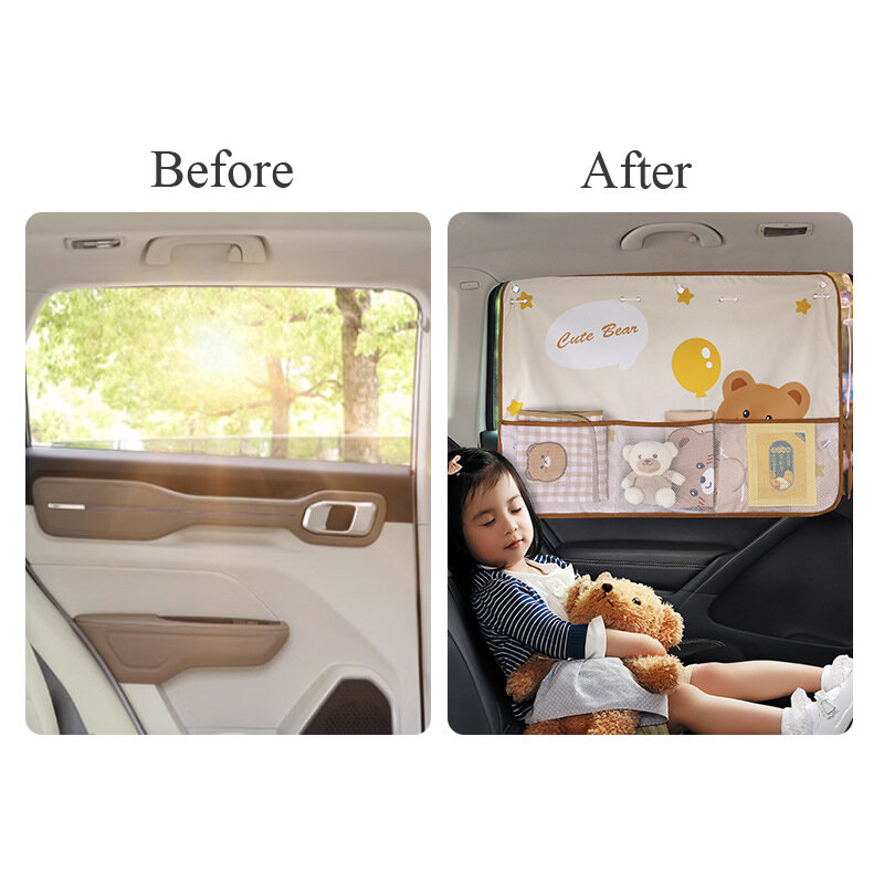 ม่านบังแดดที่นั่งในรถเด็กการ์ตูน + ถุงเก็บของดูดม่านหน้าต่างรถยนต์ม่านฉนวนป้องกันแสงแดดสำหรับเด็กเล็ก