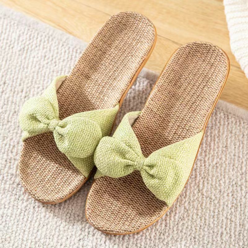 New Women's Summer One Word Linen Flat Sole Slippers Free Shipping Soft Sole Non Slip Breathable Bow Light Home Casual Slippers