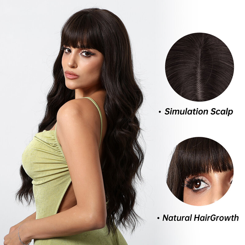 Long Wavy Curly Dark Brown Synthetic Wigs for Women Natural Fiber Wigs With Bangs for Daily Use Cosplay Heat Resistant Hair
