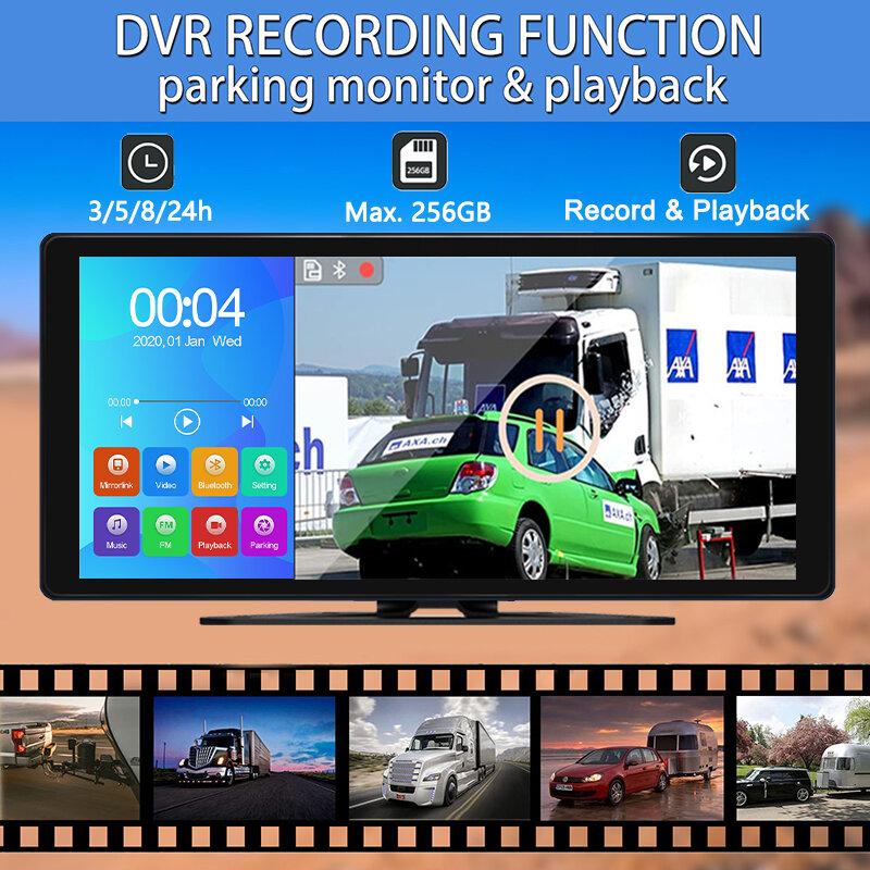 10,36 polegadas 4 canais veículo AHD DVR sistema MP5 Bluetooth gravador touch monitor 1080P HD visão noturna kit de câmera frontal / traseira / lateral para trailer de ônibus de caminhão RV