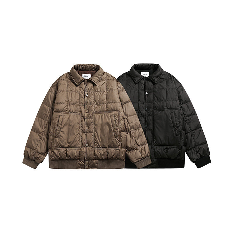 Winter New Plaid Lapel Down Jacket Japanese Vintage Lining with Fleece Down Jacket