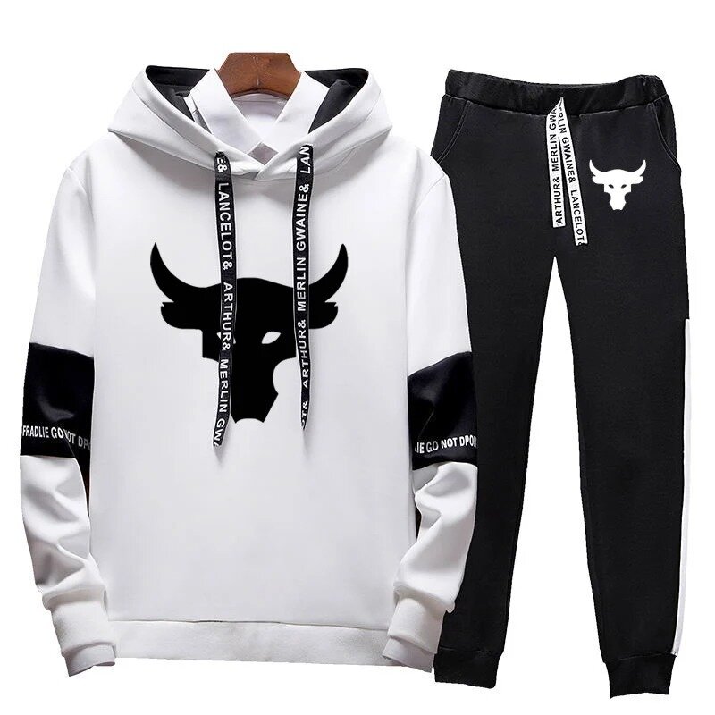 2024 Spring Autumn Men's Dwayne Johnson Brahma Bull Tattoo Printed Casual Splicing Sleeve Hooded Pullover+Sweatpants Lace-Up Set