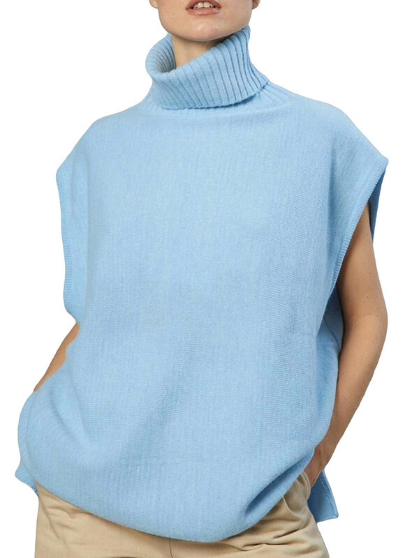Jaket Sweater rajut wanita, rompi Sweater tanpa lengan warna polos dengan leher tinggi yang bergaya dan nyaman untuk kasual atau keluar