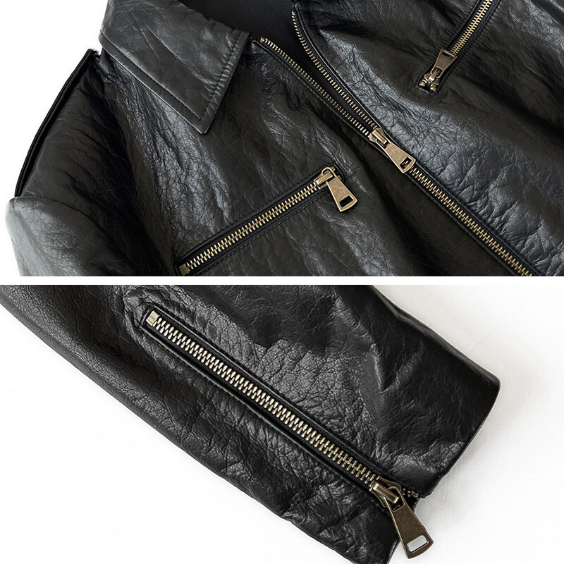 Jaqueta curta de couro verdadeira feminina, jaquetas enceradas de motocicleta, manga comprida, textura vintage, moda luxuosa, 2024