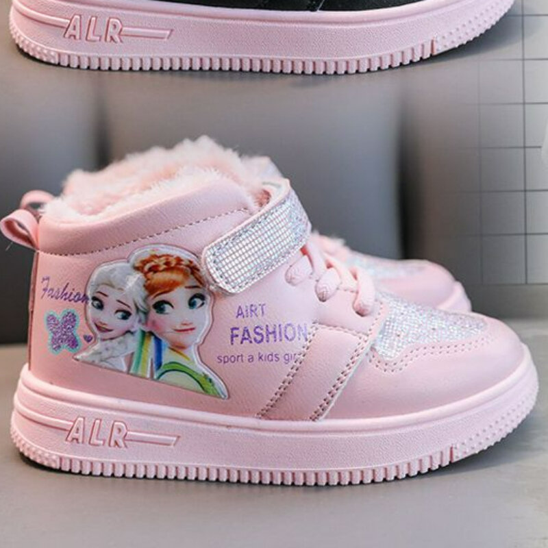디즈니 플러시 두꺼운 겨울 따뜻한 신발, 어린이 소녀 보드 아기 코튼 신발, 앵클 부츠, 크기 26-37