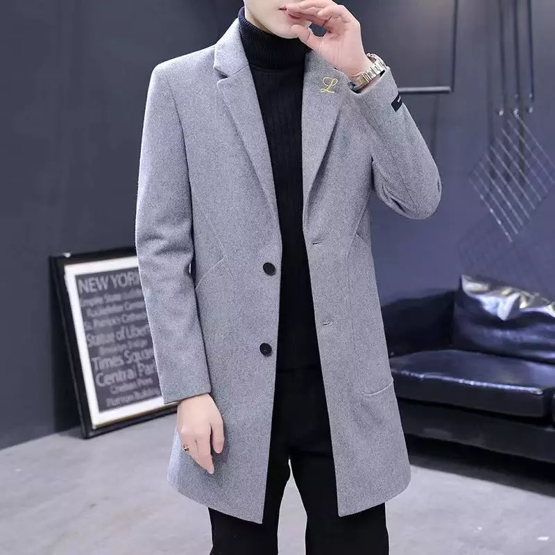 2023 New Men's Leisure Korean Version of Solid Color Thickened Plus Fleece Windbreaker Medium Length Slim Wool Wool Overcoat
