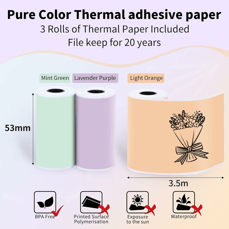 ม้วนกระดาษสติกเกอร์ความร้อนหลากสี M02X/T02 phomemo สีดำตัวอักษรบนสีเขียวมินท์/ม่วง/ส้ม50มม. X 3.5ม.