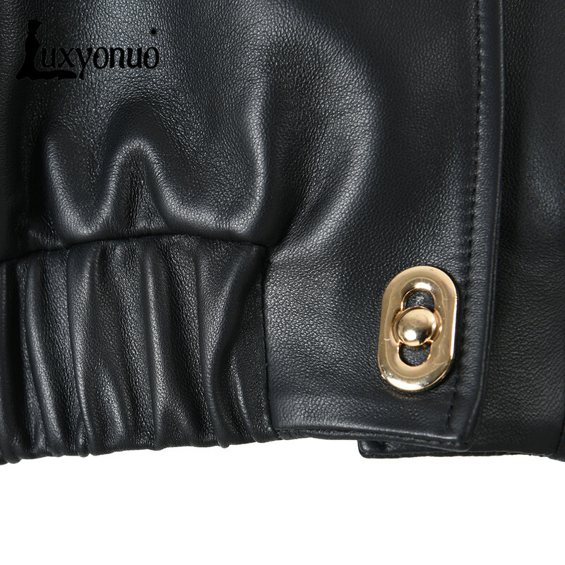 Luxyonuo Women's Real Leather Jacket Spring Fashion Turn Down Collar Gold Button Ladies Genuine Sheepskin Leather Coat Female