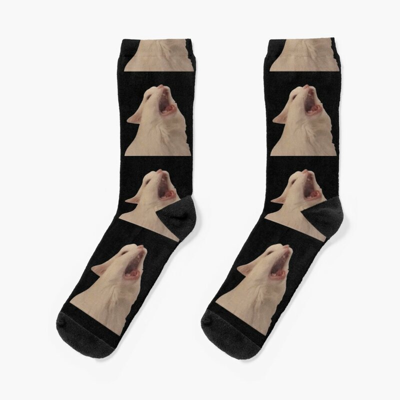 Chaussettes chauffantes avec imprimé de chat blanc pour hommes et femmes, chaussettes Screaming Meme, chaussettes de tennis amusantes