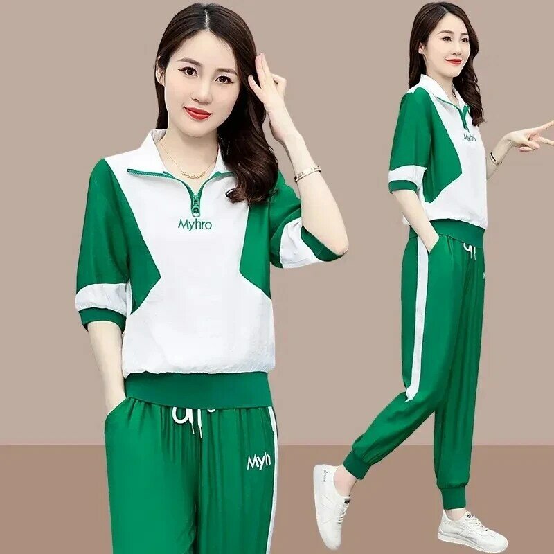 Conjunto deportivo de dos piezas para mujer, camisa de manga corta empalmada y pantalones, ropa deportiva informal, 2 piezas
