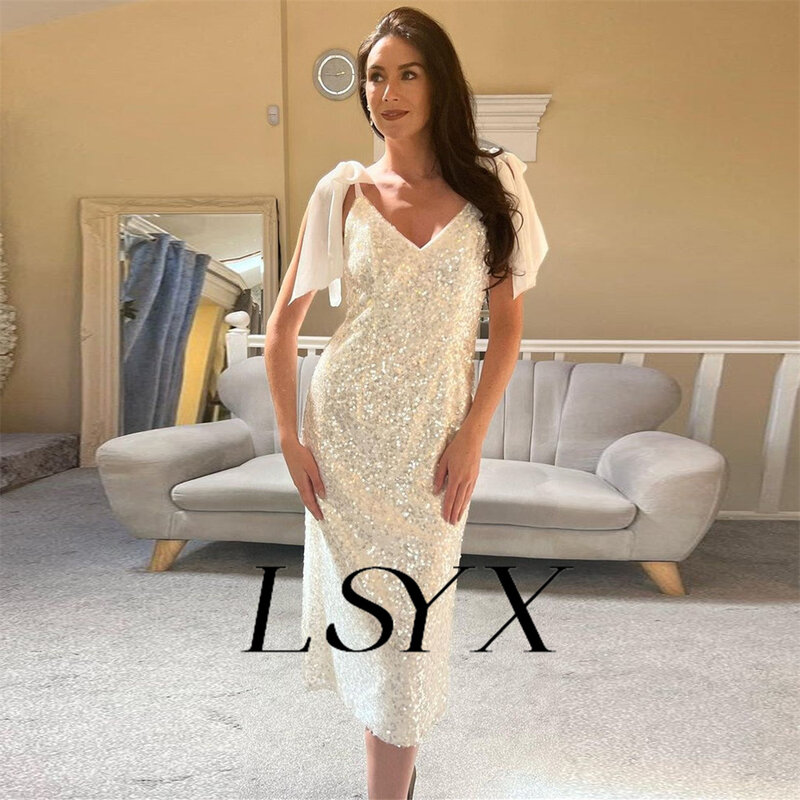 Lsyx-光沢のあるスパンコールのウェディングドレス,ノースリーブ,Vネック,オープンバック,ミドル丈,カスタムメイド