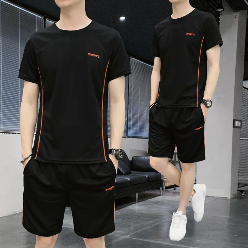 Conjunto esportivo solto coreano masculino, camiseta de manga curta com gola redonda, calção de bolso com elástico na cintura, casual, bordado monocromático, verão