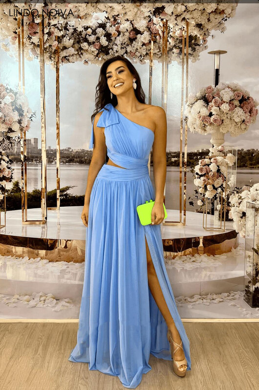 فستان سهرة أنيق بكتف واحد من الشيفون لعام 2023 مع فتحة عالية وتصميم طويل فستان رسمي للحفلات للنساء رداء de soirée mariage