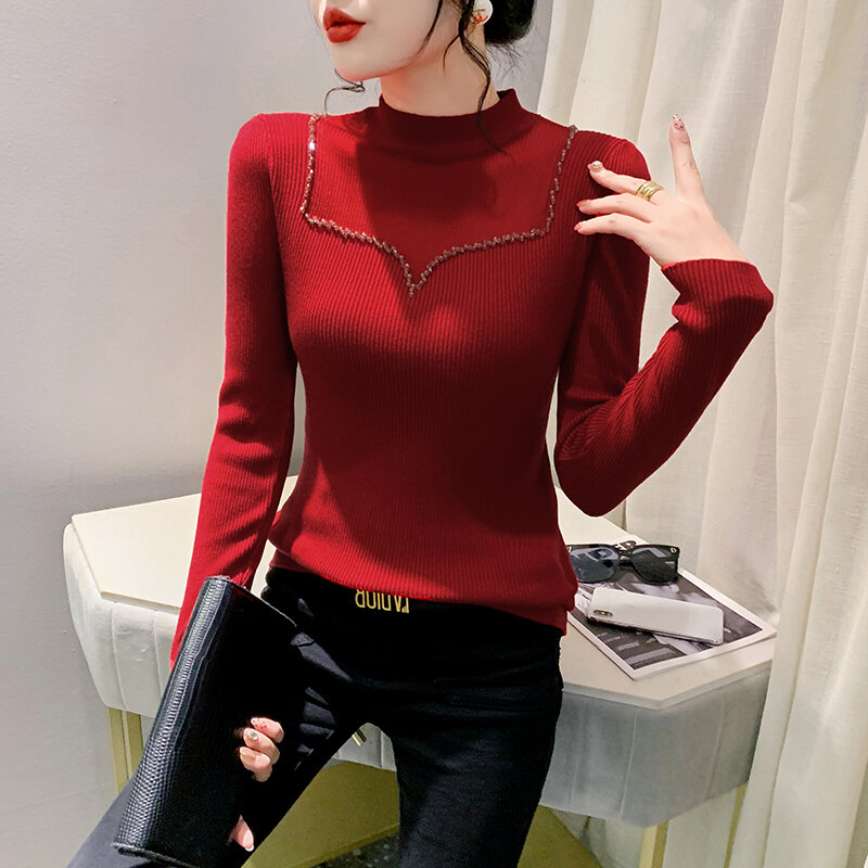 2023 New Fall Winter European Clothes Knitted Sweater Chic Sexy Patchwork Shiny Beading Long Sleeve Pullover Casual Tops 39349